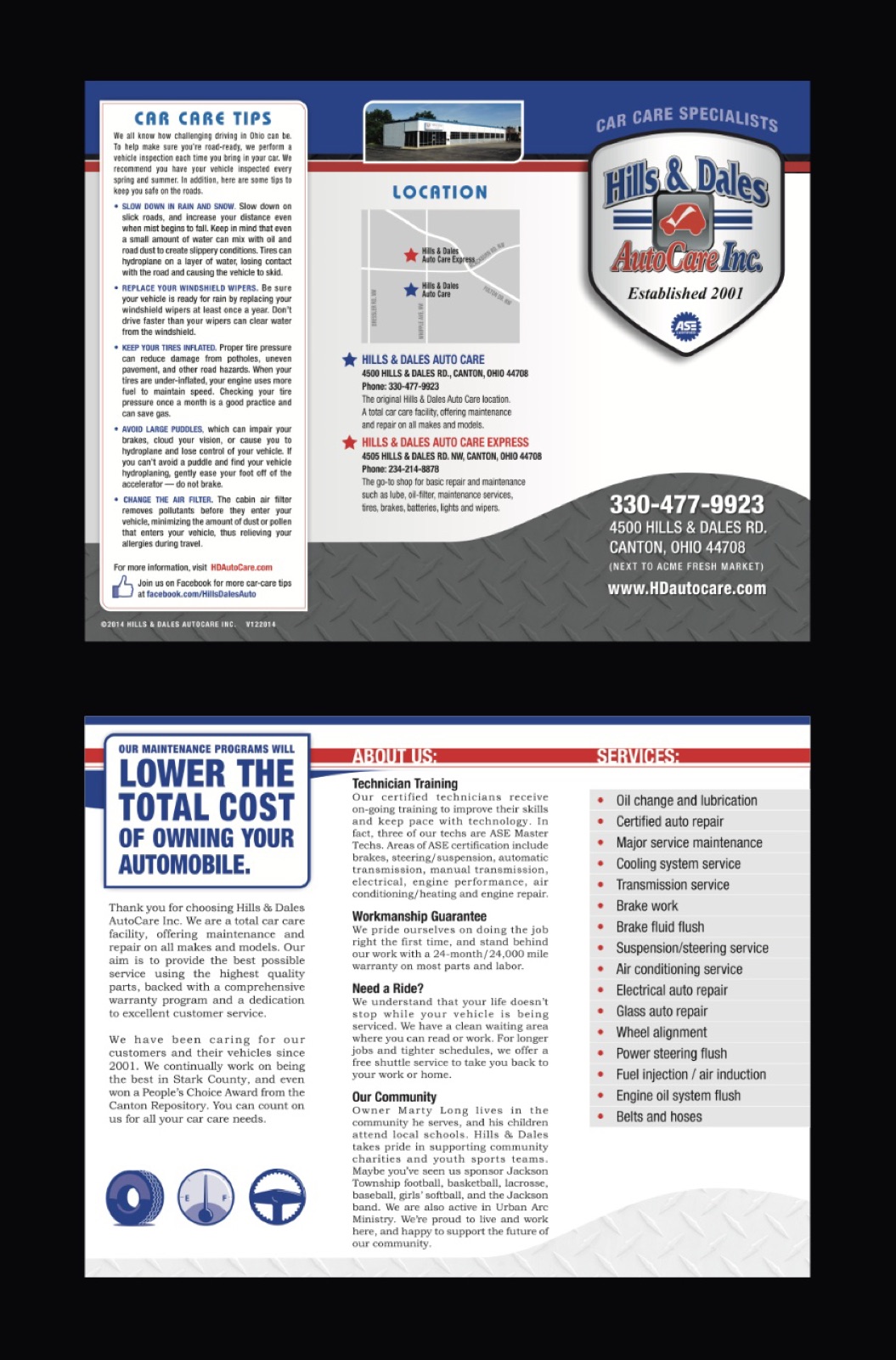 Tri-fold brochure outside and inside spreads with car-care tips, services list, map and shop story