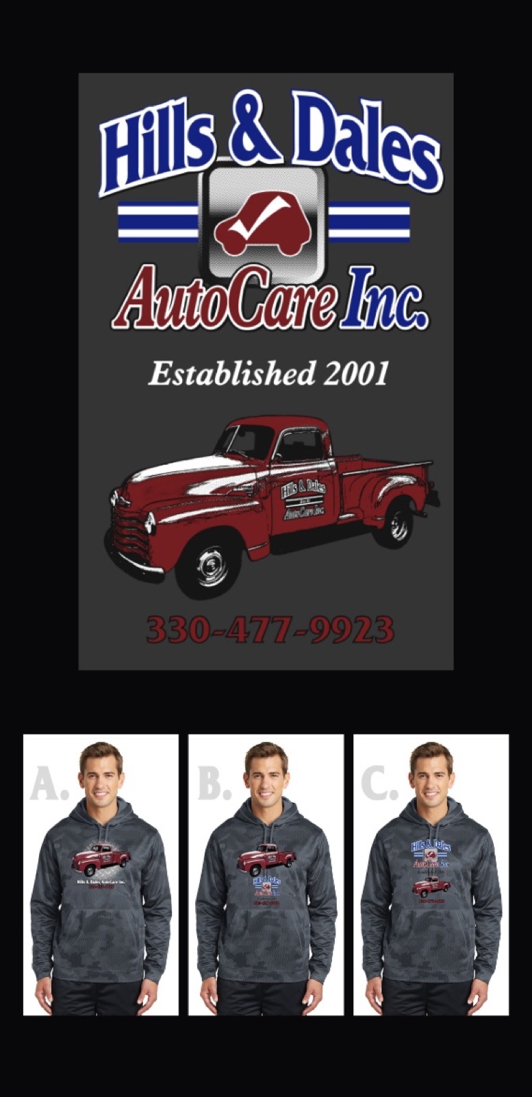 Hoodie graphic with vintage red pickup truck and three placement options shown on a model