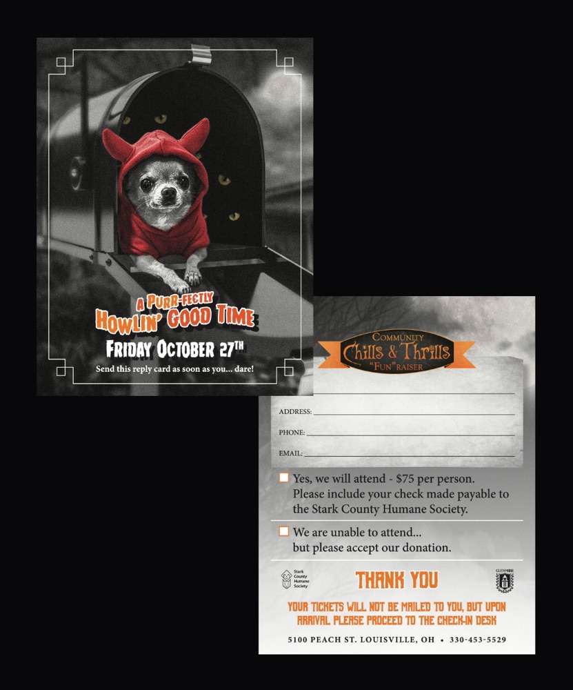Invitation with a small dog in a red devil costume sitting in a mailbox, and the reply card with donation options