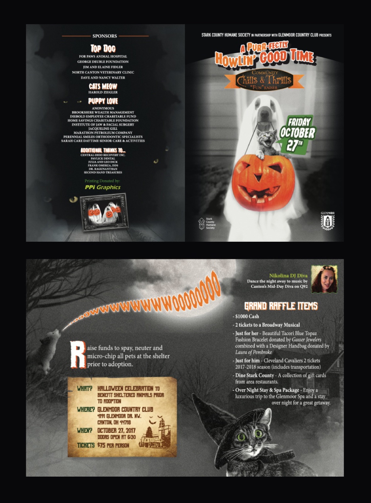 Sponsor page, program cover with a dog in a ghost costume, raffle list and event details