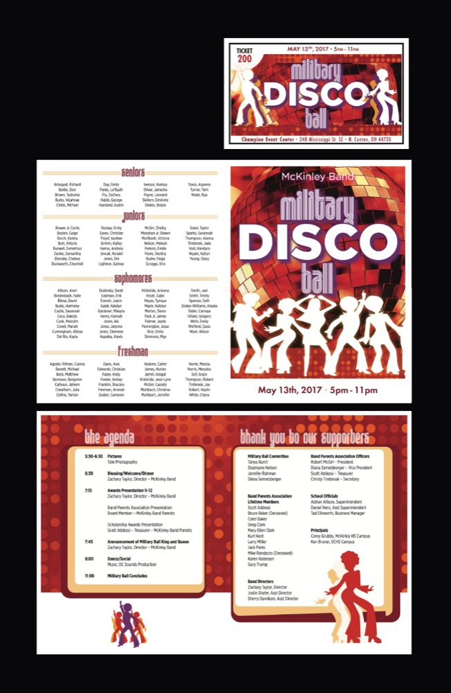 Event ticket, program cover with disco ball and dancers, class roster spread, agenda and supporter list