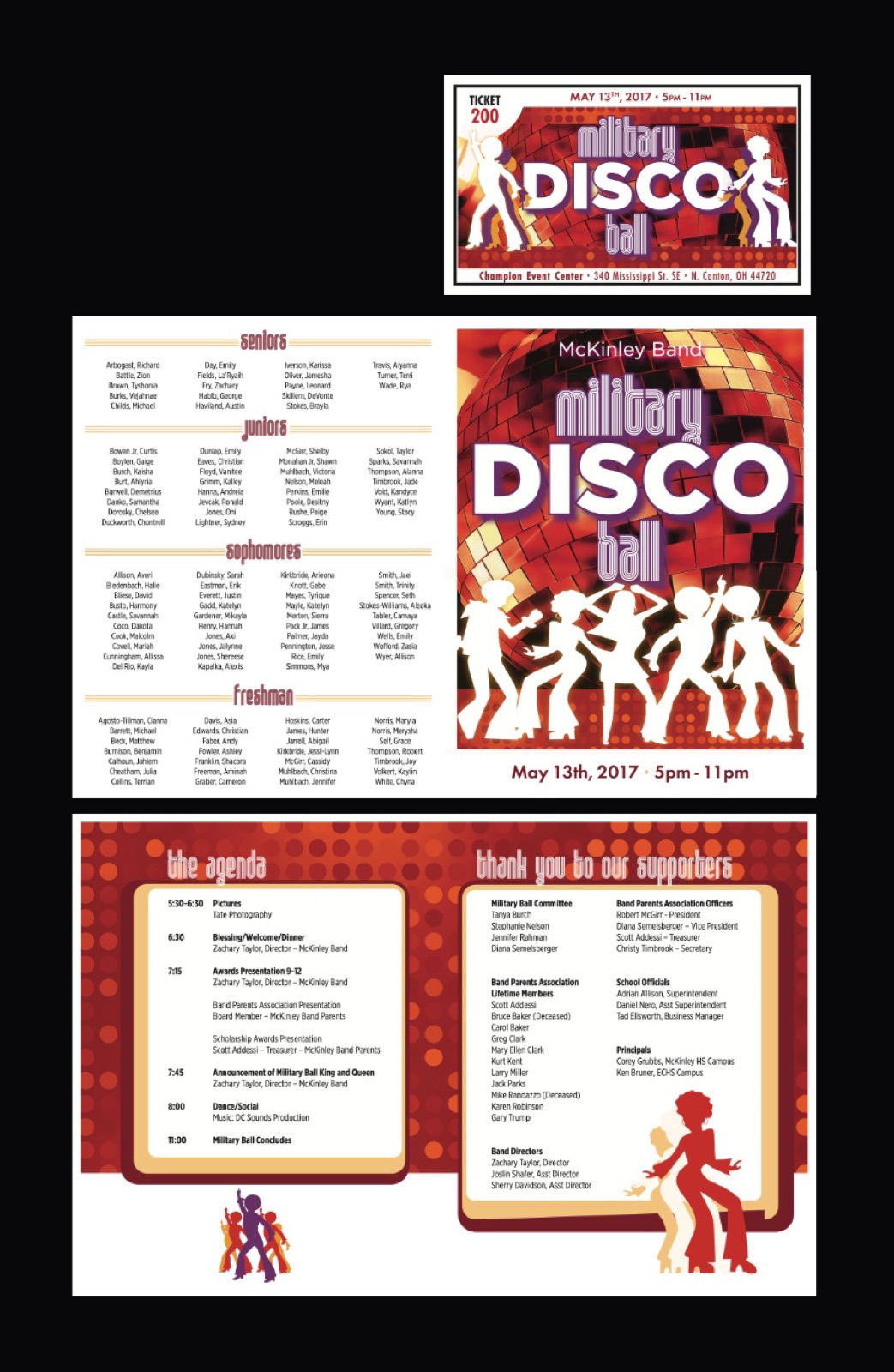 Event ticket, program cover with disco ball and dancers, class roster spread, agenda and supporter list