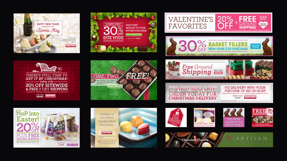 Grid of seasonal e-commerce promotional banners for chocolate retailers in several sizes