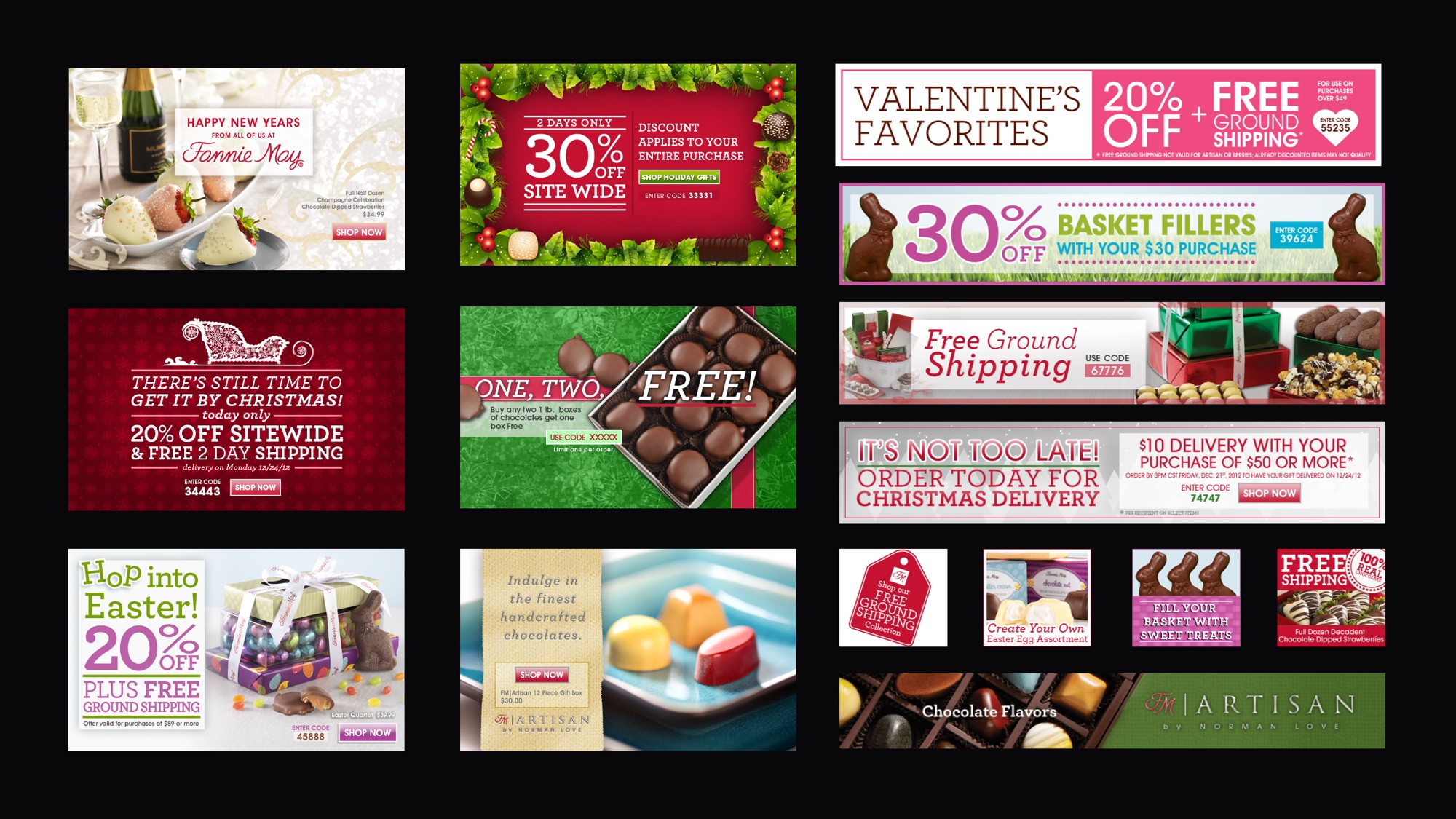 Grid of seasonal e-commerce promotional banners for chocolate retailers in several sizes