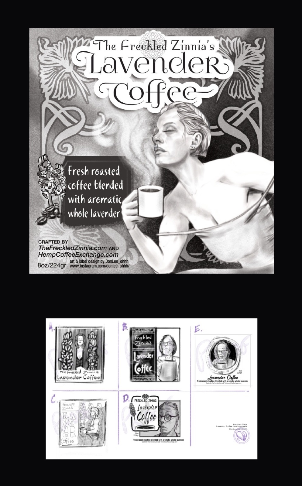 Black-and-white coffee label with an illustrated portrait and floral flourishes, above a sheet of five concept sketches