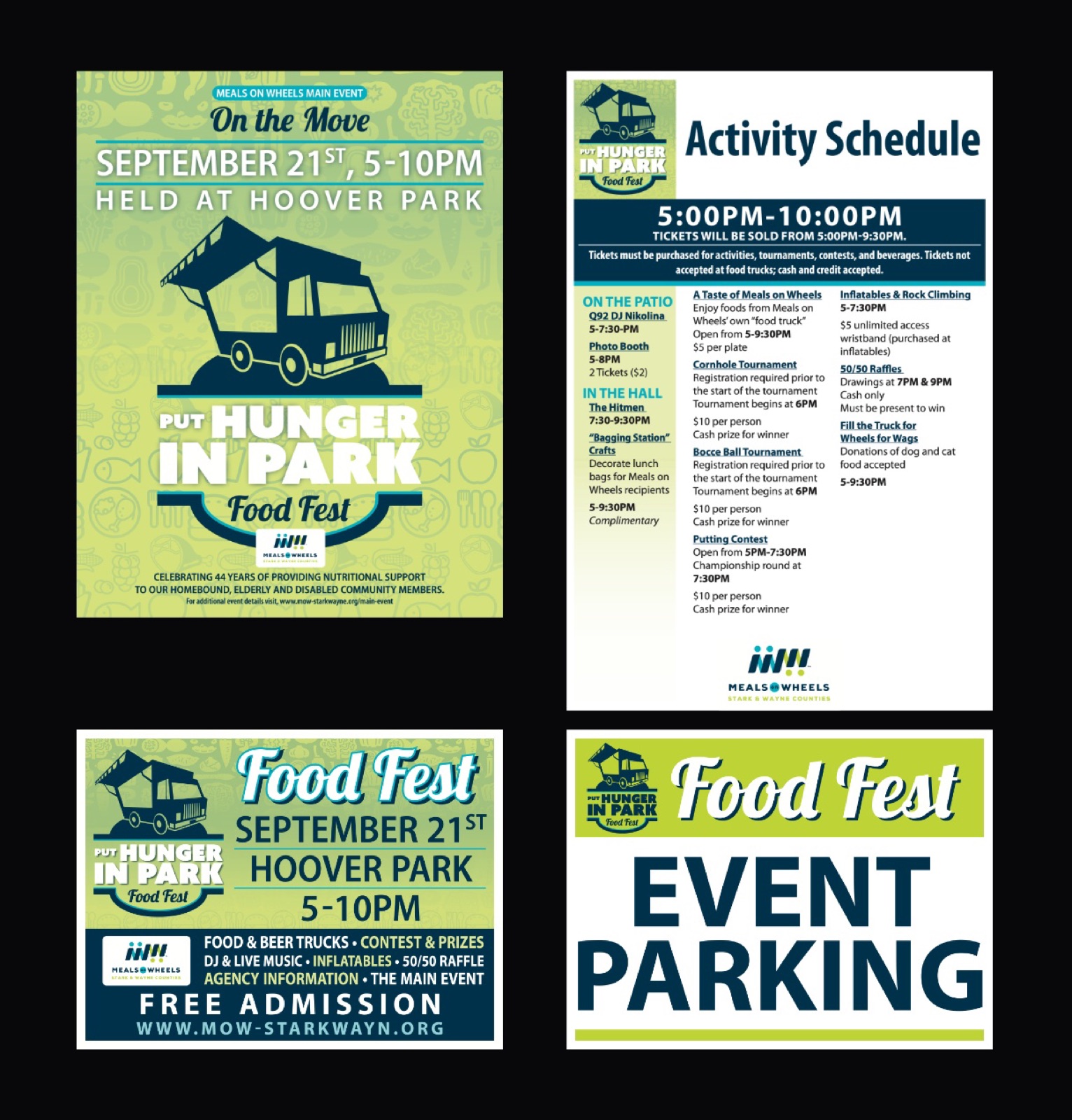 Event poster, activity schedule, Food Fest postcard and event parking sign for Put Hunger in Park