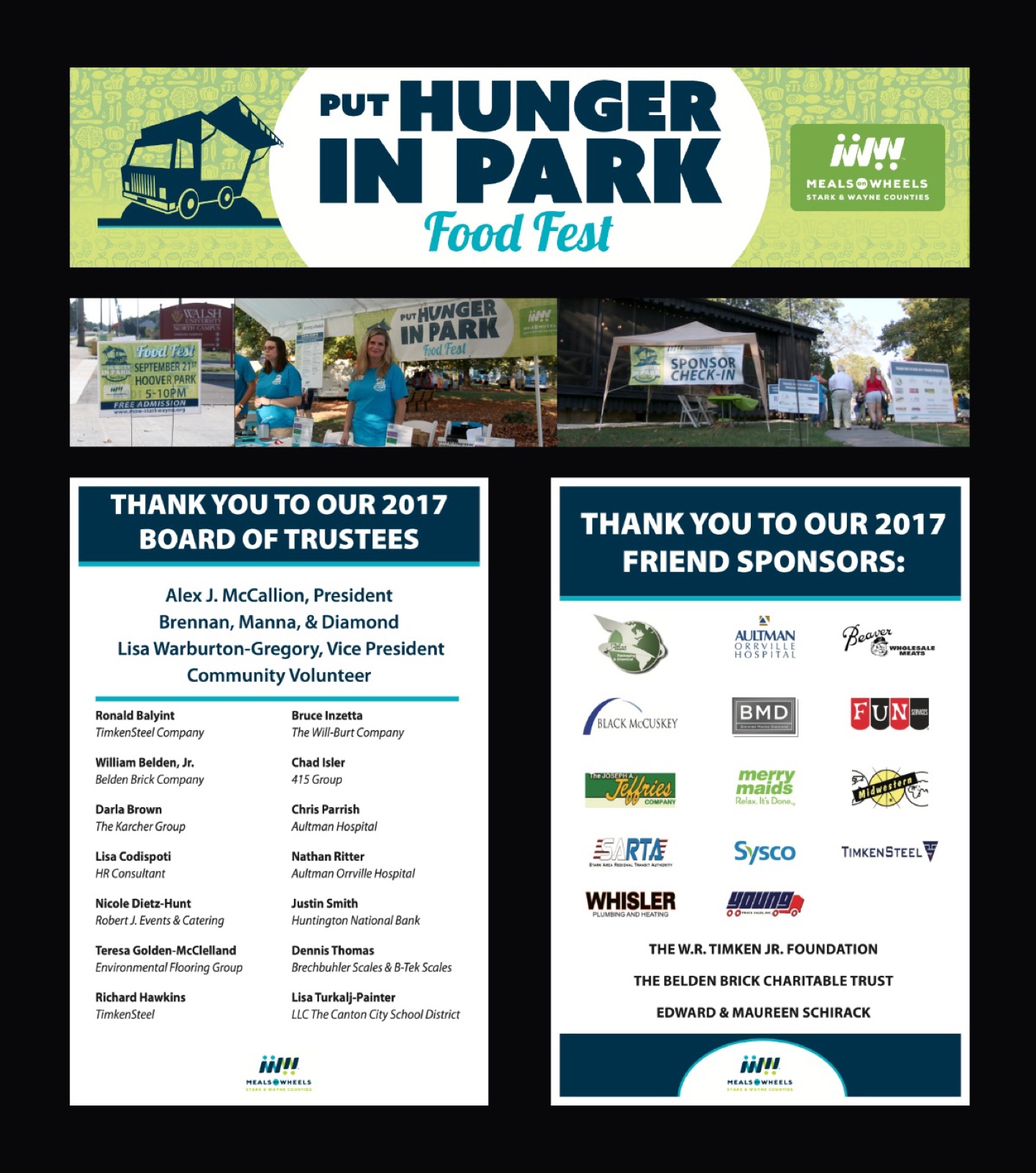 Event banner, photos of the signage in use, board of trustees and sponsor thank-you boards