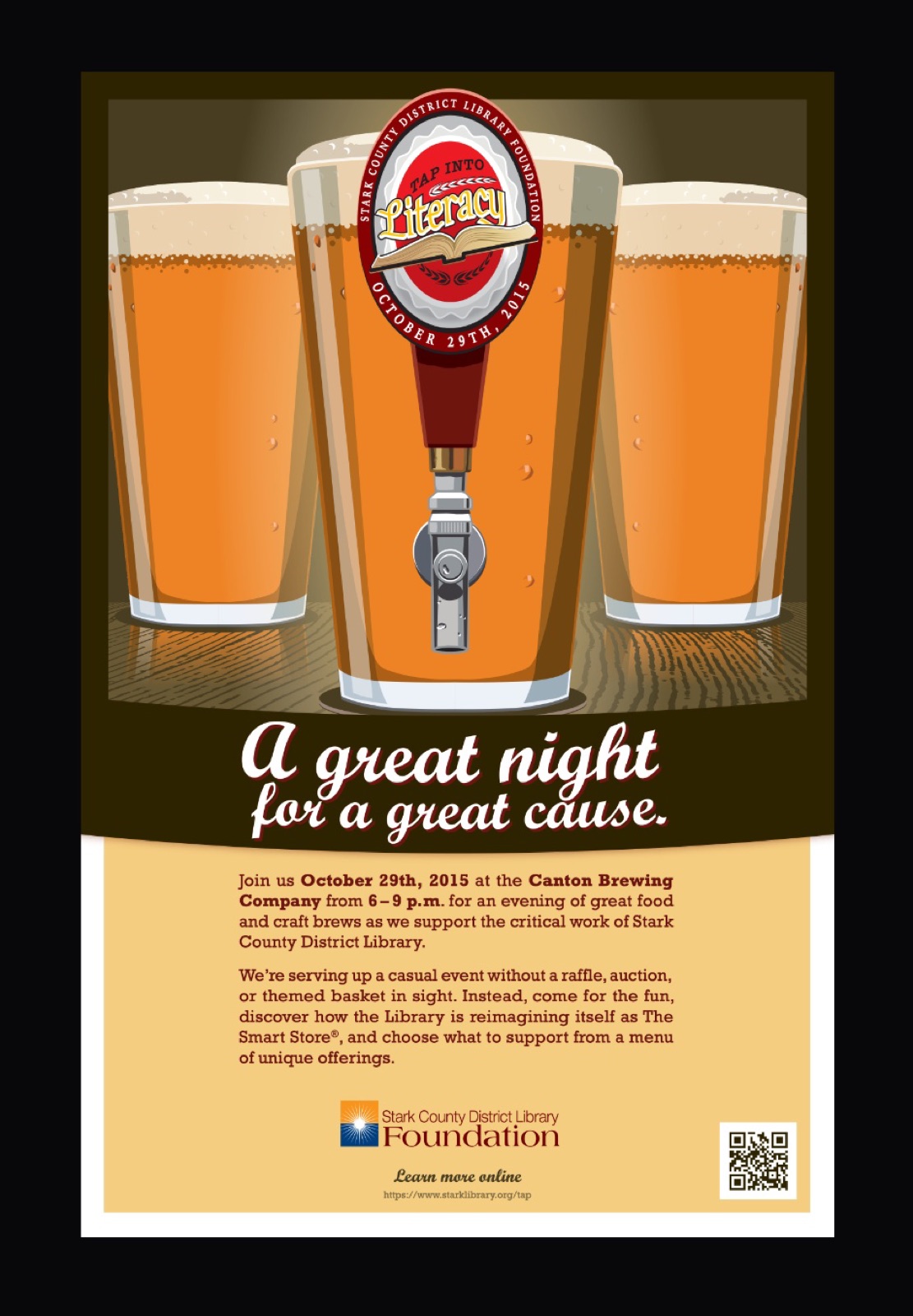 Poster with three illustrated pint glasses, a tap handle and event details for the October 29 beer-tasting