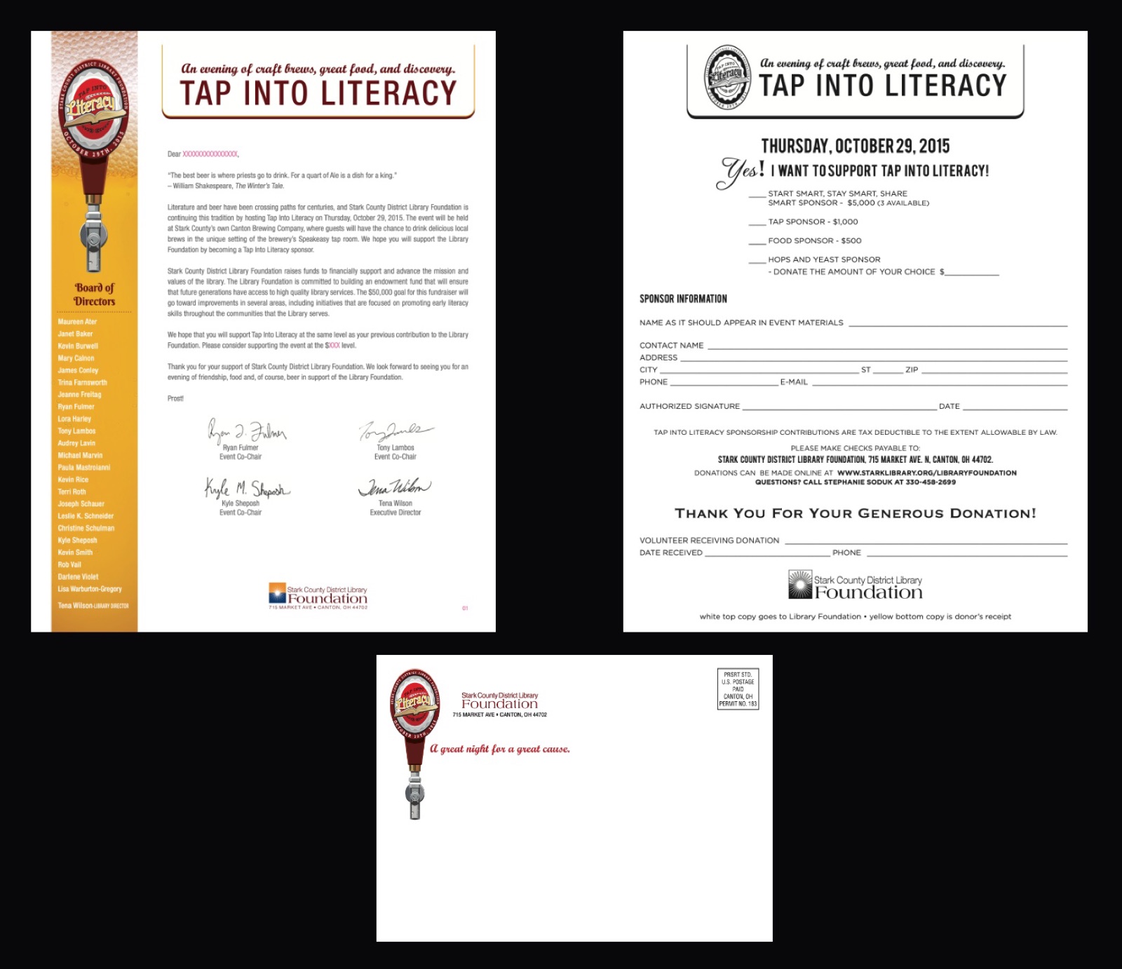 Sponsorship letter with board of directors sidebar, sponsorship form and printed envelope